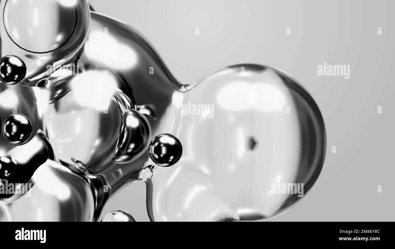3D Rendern Bewegungsmuster Metaverse monochrom grau weiß abstraktes Kunstobjekt Metapheren in Glas Wasser flüssige silberne Meta Kugel Stockfoto