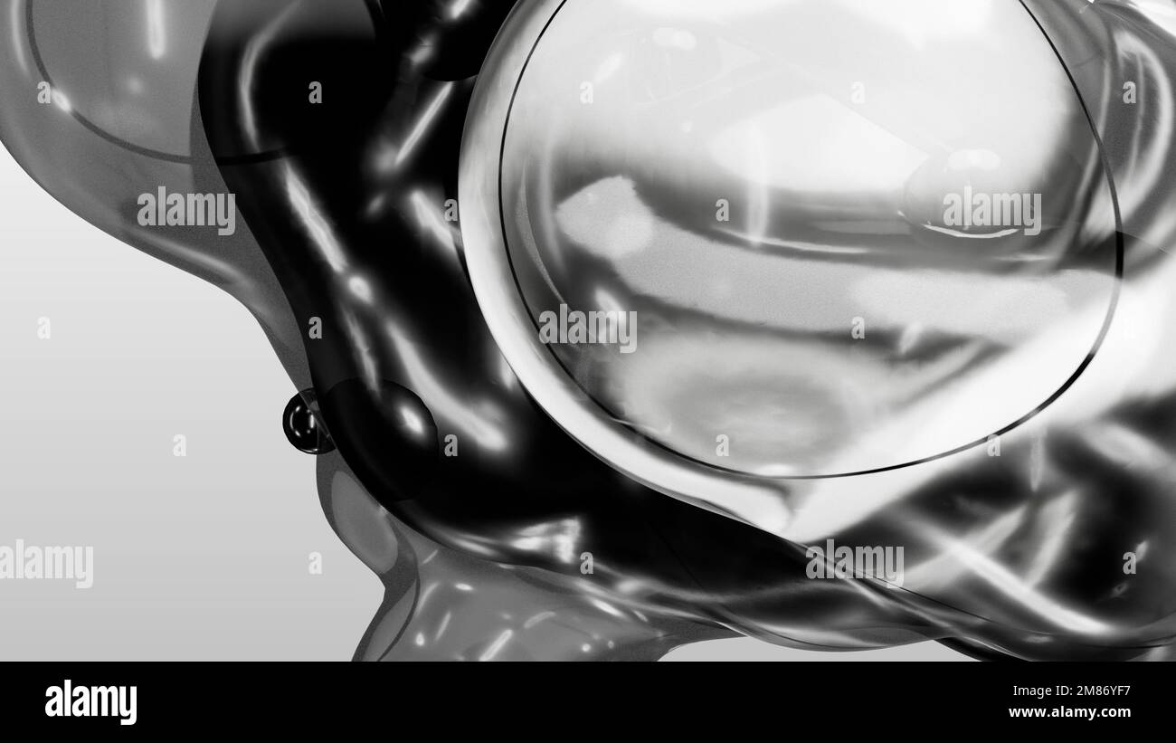 3D-Rendering-Motion-Design Hintergrundanimation Business-Präsentation Schwarzweiß Weiß Metaball Grau Flüssigseife Quecksilberblasen Metasphäre Stockfoto