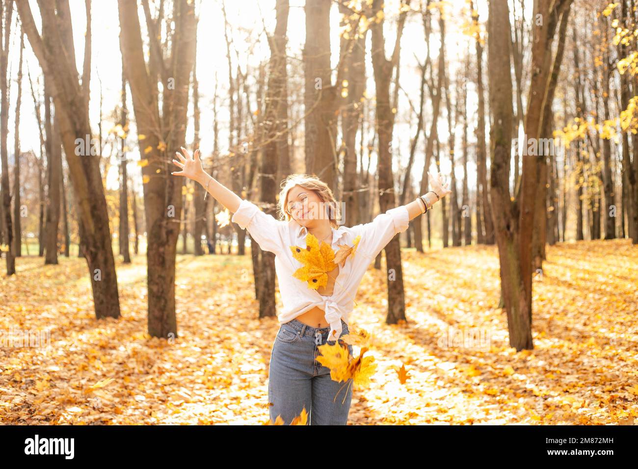 Glänzende, wundervolle blonde Frau, die im goldenen Wald spaziert, Eichen- und Ahornblätter sammelt, frohen, warmen Herbst, schau in die Kamera. Stockfoto