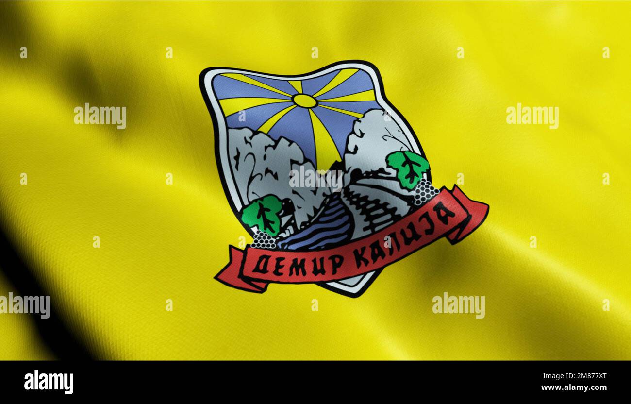 3D Illustration einer wackelnden nordmazedonischen Stadtflagge von Demir Kapija Stockfoto