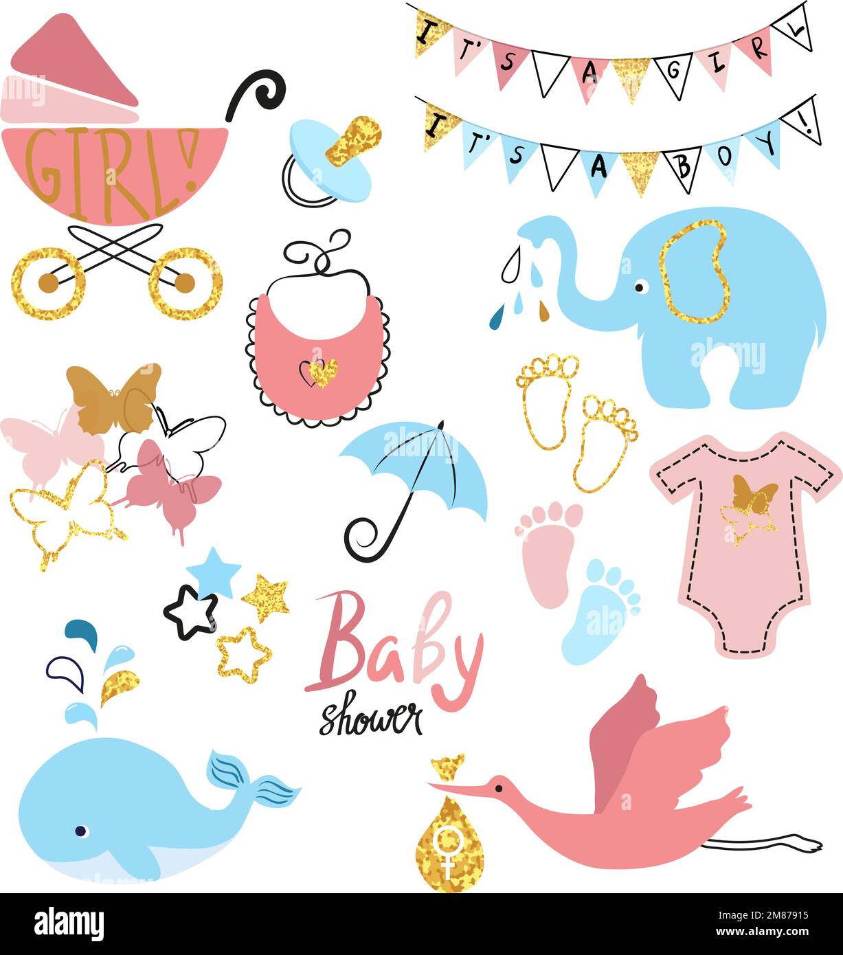 Babyduschen-Set. Kollektion von Vektordesignelementen. Stock Vektor