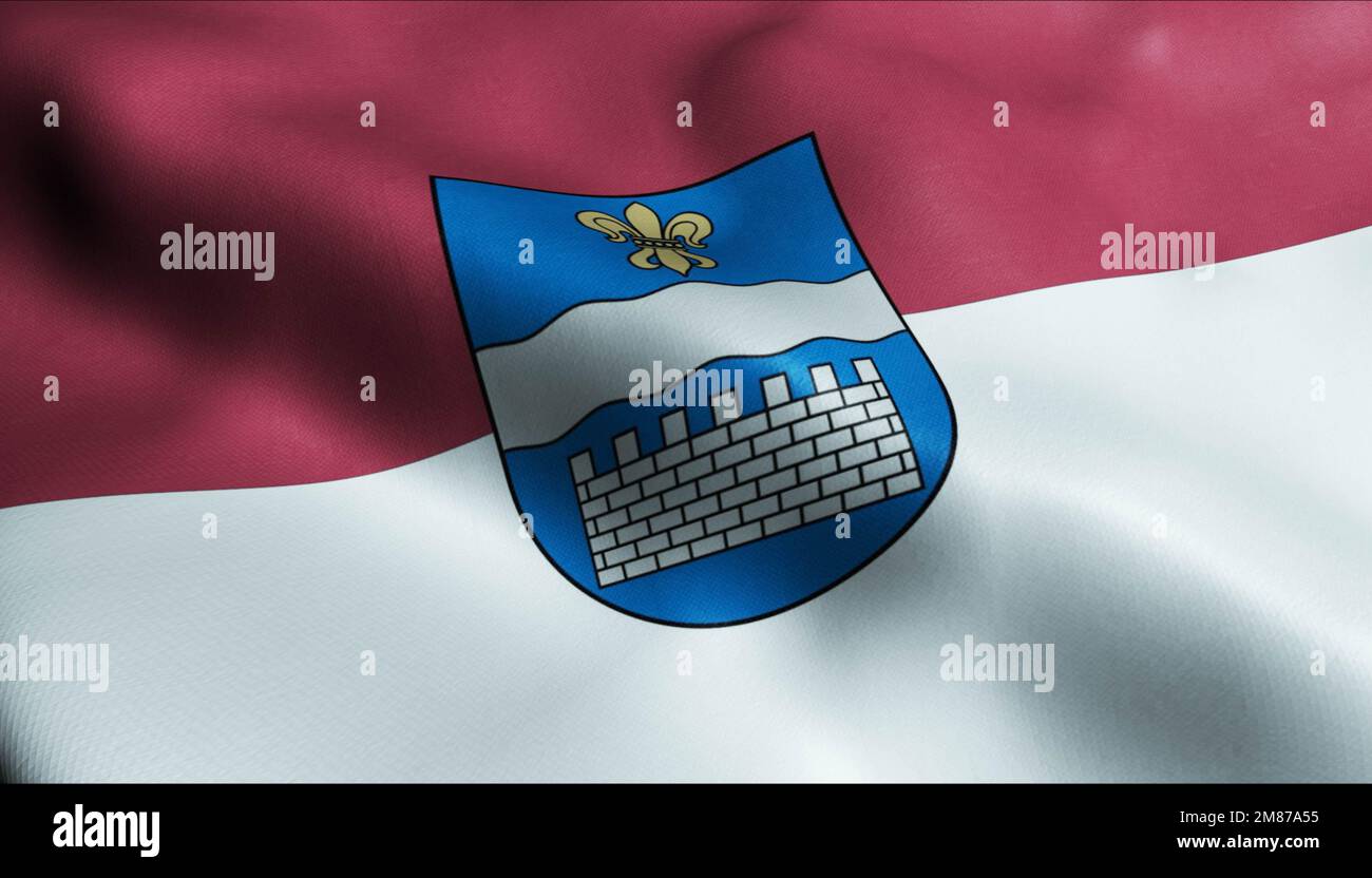 3D Illustration einer winkenden lettischen Stadtflagge von Daugavpils Stockfoto