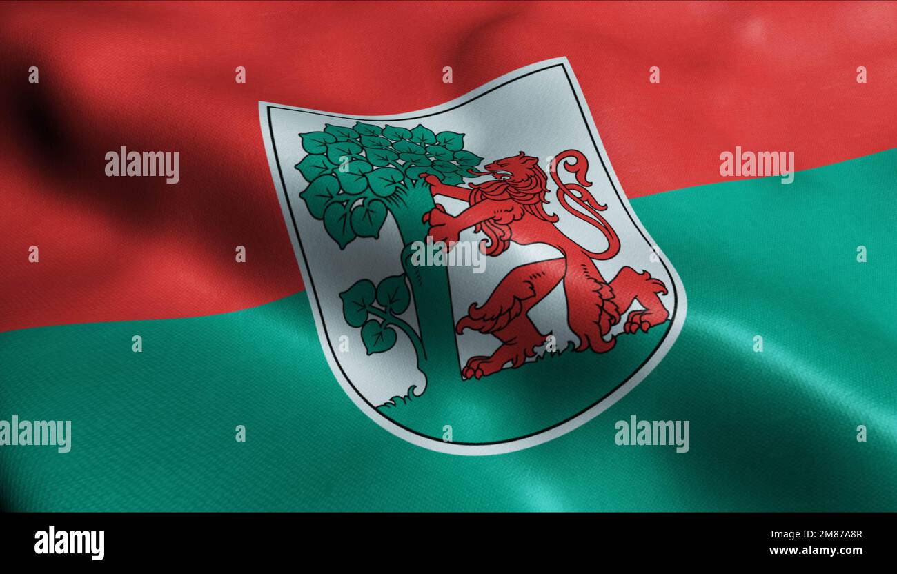 3D Illustration einer wackelnden lettischen Stadtflagge von Liepaja Stockfoto