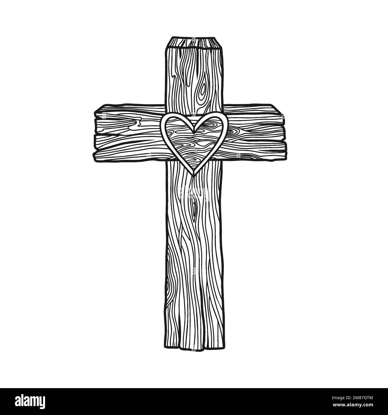 Handgezeichnete Vektordarstellung für Ostern. Ein hölzernes Kreuz mit einem Herzen in der Mitte. Ein Symbol für die Kreuzigung und Auferstehung des Herrn Jesus C. Stock Vektor
