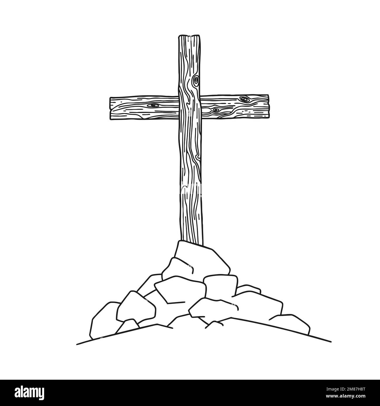 Handgezeichnete christliche Vektordarstellung. Holzkreuz auf einem Hügel. Ein Symbol der Kreuzigung des Herrn Jesus Christus. Stock Vektor