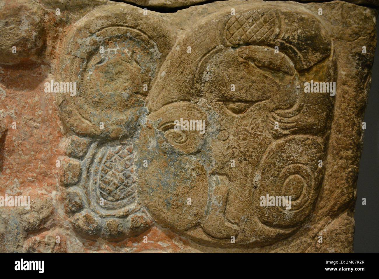 Maya-Glyphen mit Pigmenten aus der archäologischen Stätte Pomona in Tabasco Mexiko. Präkolumbianische Kunst im Dallas Museum of Art, Dallas Texas Stockfoto