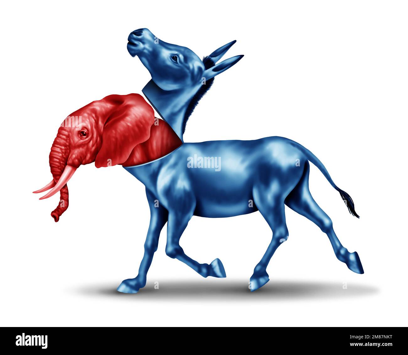 Vorgetäuscht als roter Elefant, der sich in einem amerikanischen Wahlkampf als blauer Esel ausgibt oder sich als Symbol ausgibt Stockfoto