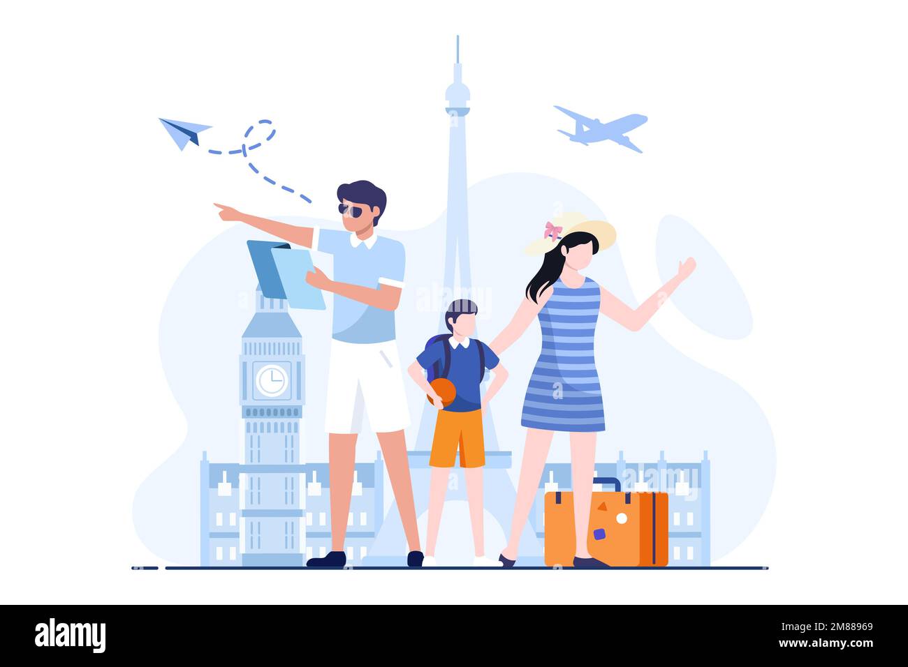 Glückliche Familie macht eine Urlaubsreise nach Europa. Vektordarstellung in einem flachen Stil in hellblauem Farbschema. Kann für Reisen und Tourismus genutzt werden Stock Vektor
