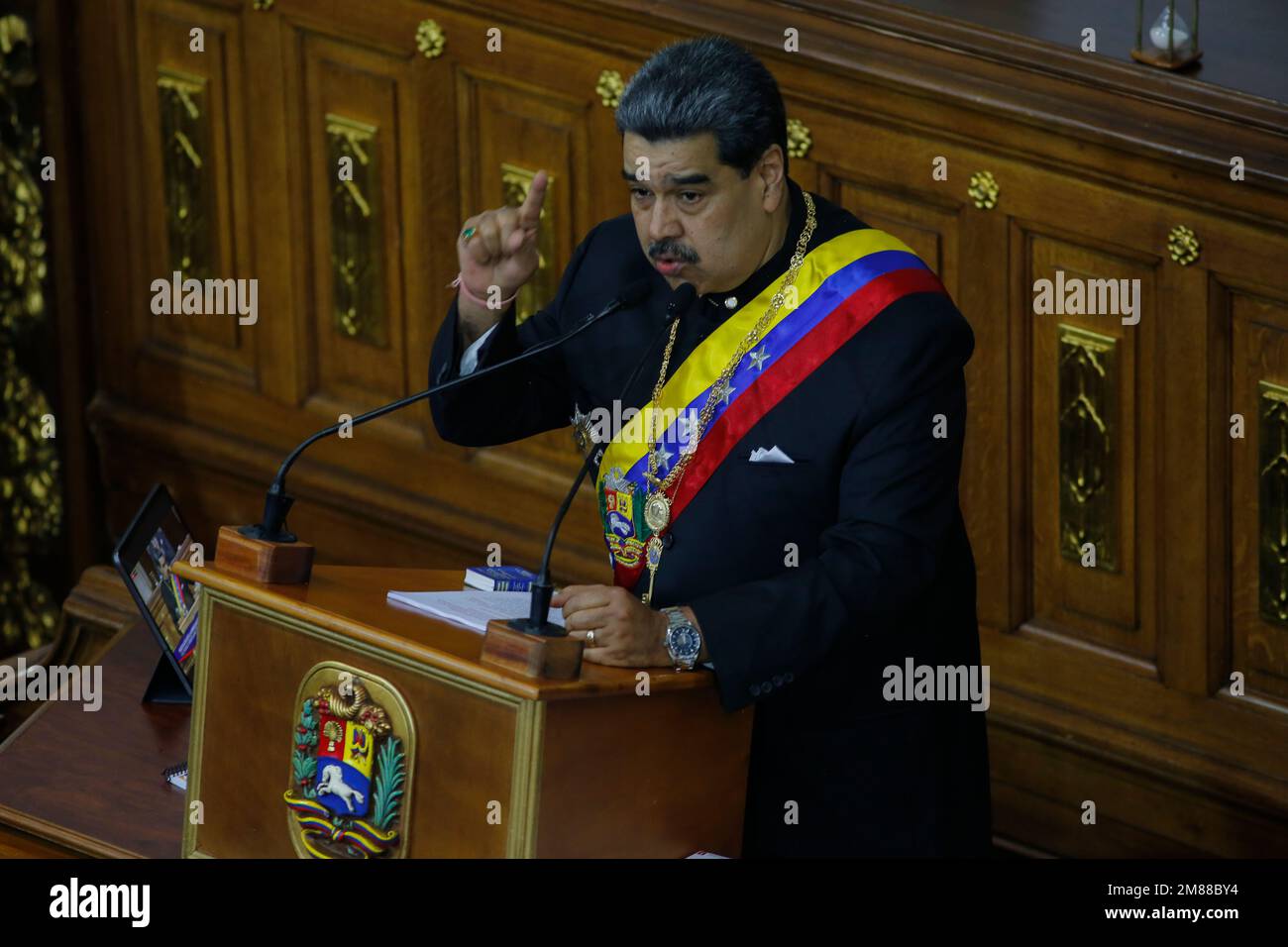 Caracas, Venezuela. 12. Januar 2023. Nicolas Maduro, Präsident von Venezuela, hält die Jahresrede vor der Nation im Palacio Federal Legislativo. Kredit: Pedro Rances Mattey/dpa/Alamy Live News Stockfoto