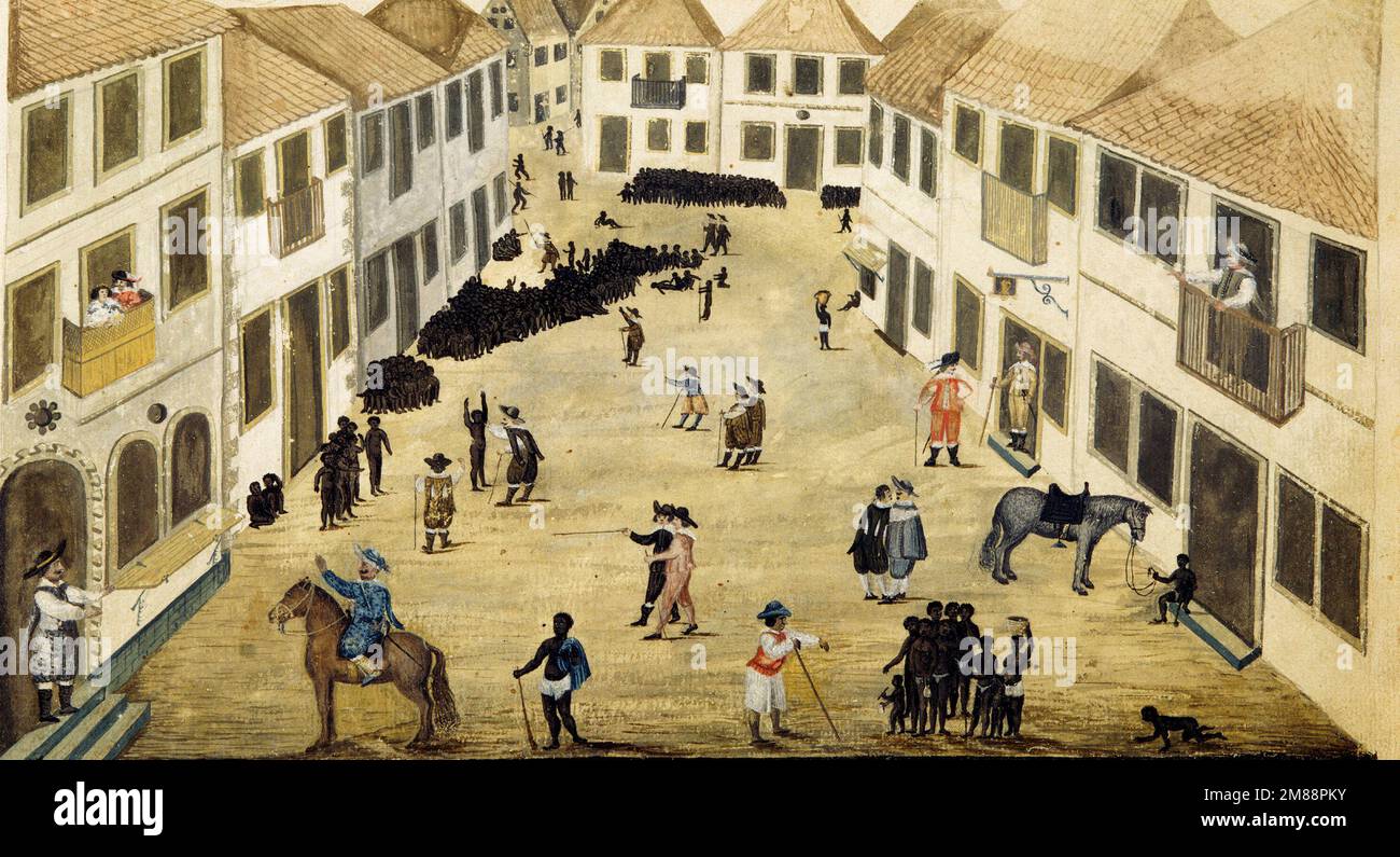 Sklavenmarkt in Recife von Zacharias Wagenaer, gemalt um 1637. Brasilien war während der Sklavenzeit ein wichtiger Importeur von Sklaven. Stockfoto