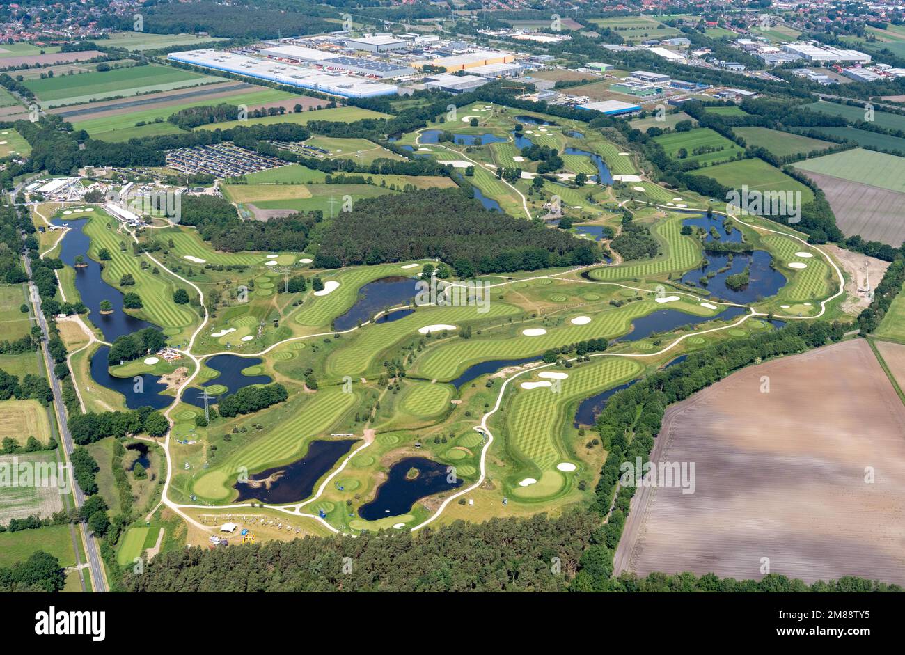 Luftaufnahme des Green Eagle Golf, Porsche European Open, Golf, Sport, Golfplatz, Winsen/Luhe, Niedersachsen, Deutschland, Europa Stockfoto