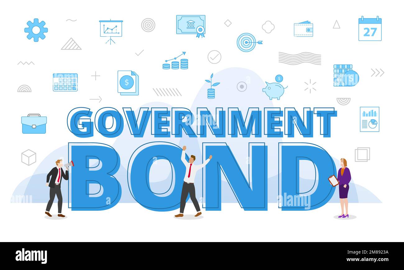 Konzept von Regierungsanleihen mit großen Wörtern und Menschen, die von einem Symbol mit blauer Vektordarstellung umgeben sind Stockfoto