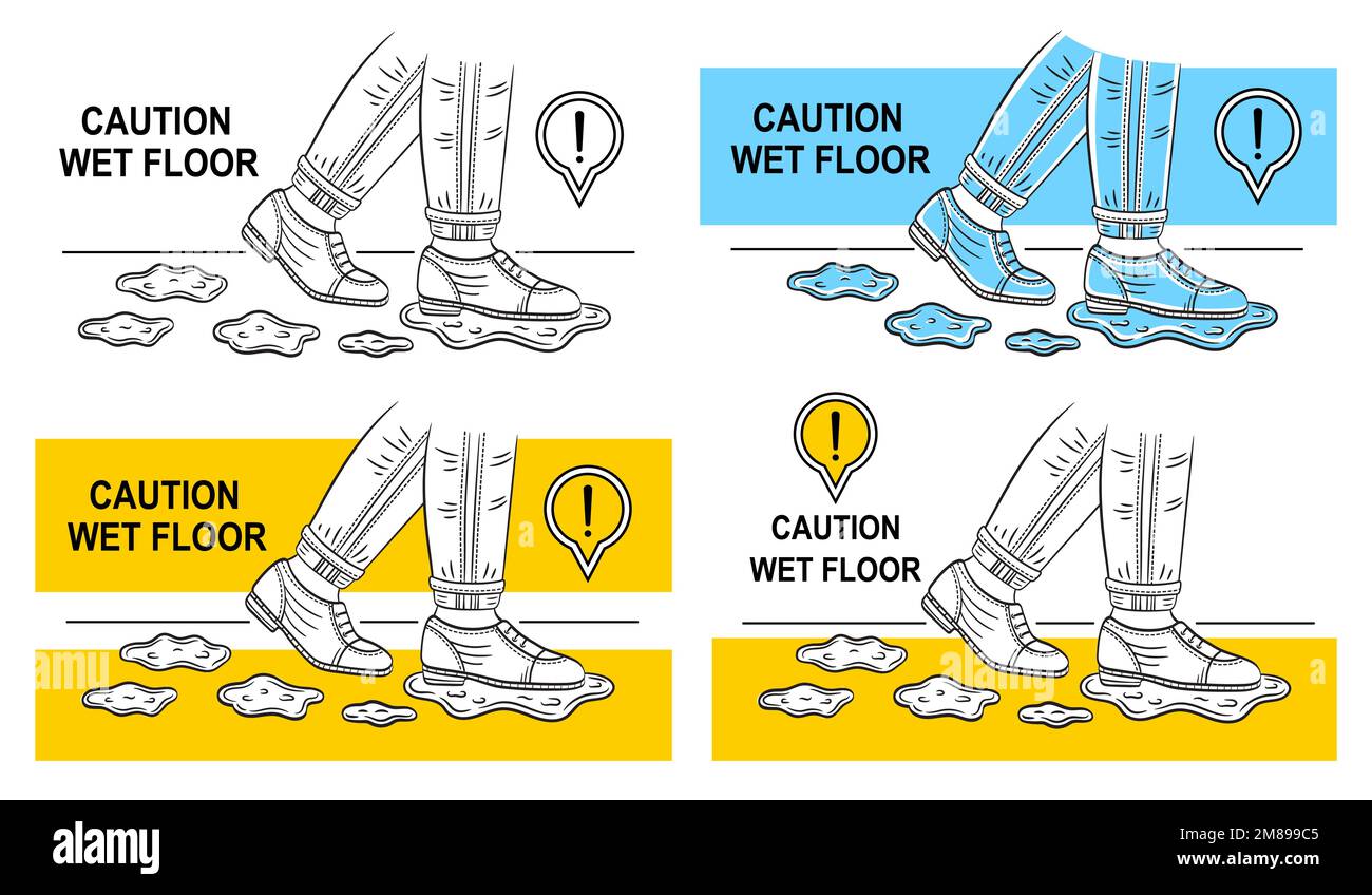 Nasse rutschige Böden Vorsicht, Gefahr Gefahr durch Ausrutschen von Menschen auf sauberem Boden im Waschraum Symbolset. Die Beine in den Schuhen treten drinnen auf den Wassertropfen. Sturzgefahr. Vektor Stock Vektor