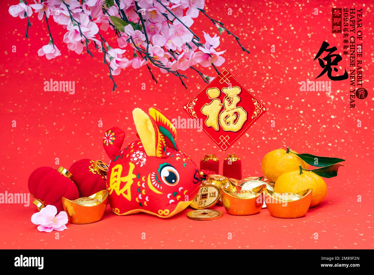 Tradition Chinesische Stoffpuppe Hase, 2023 ist Jahr des Hasen, Chinesische goldene Figuren Übersetzung: Gute Gesundheit für das Jahr des Hasen, Wort rechts Stockfoto