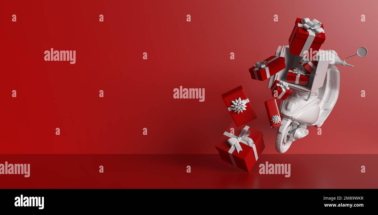 Schneller Online-Shopping Roller Transport Service, Lieferung schöne Geschenkboxen, auf rotem Hintergrund, Kopierbereich. Design zum Valentinstag Stockfoto