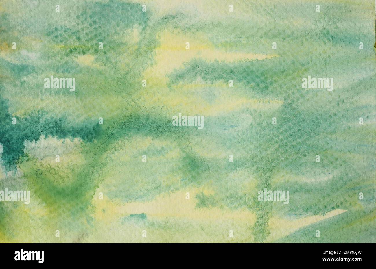 Abstrakter Hintergrund und Textur Muster blau mit gelb und grün Farbfluss auf weißem Hintergrund, Illustration Aquarell handgezeichnet und gemalt Stockfoto