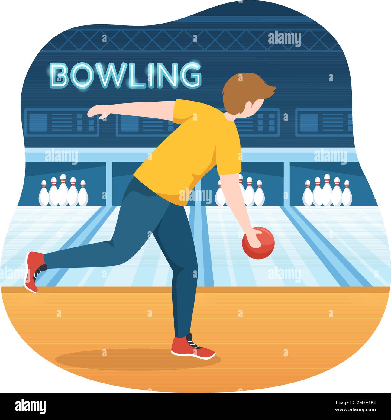 Illustration eines Bowlingspiels mit Pins, Bällen und Anzeigetafeln in einem Sportclub für Webbanner oder Landing Page in handgezeichneten Vorlagen für flache Cartoons Stock Vektor