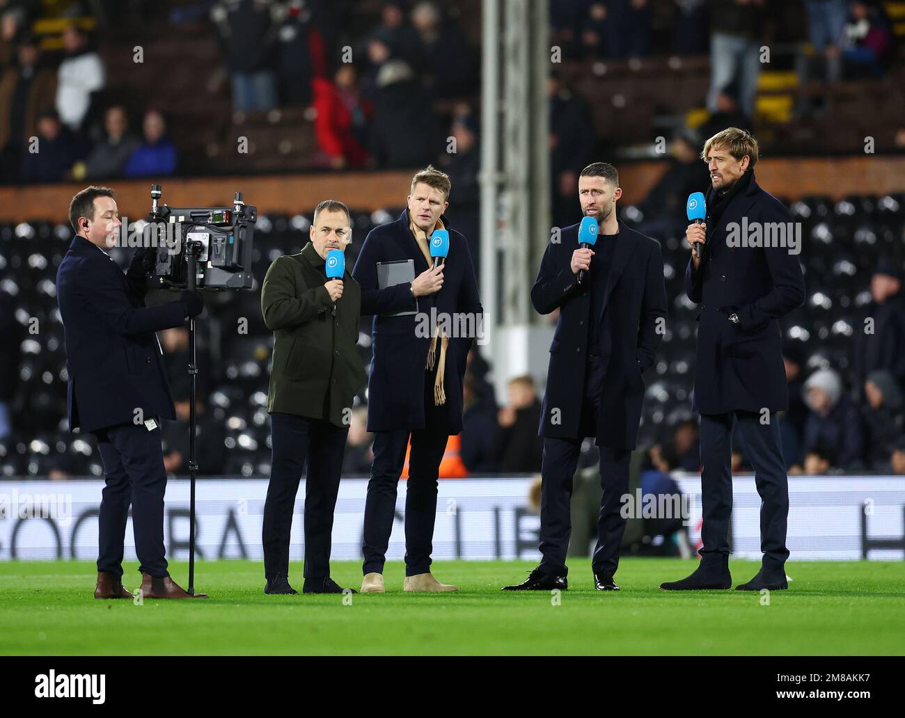 London, England, 12. Januar 2023. BT moderiert Joe Cole, Jake Humphry, Gary Cahill und Peter Crouch während des Premier League-Spiels in Craven Cottage, London. Der Bildausdruck sollte lauten: David Klein/Sportimage Stockfoto
