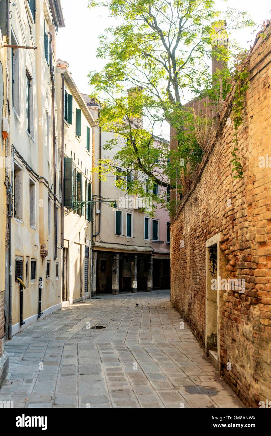 Eine Gasse in Venedig, in der Nähe von Sotoportego degli Armeni, keine Menschen, Stadtzentrum von Venedig, Region Venetien, Italien Stockfoto