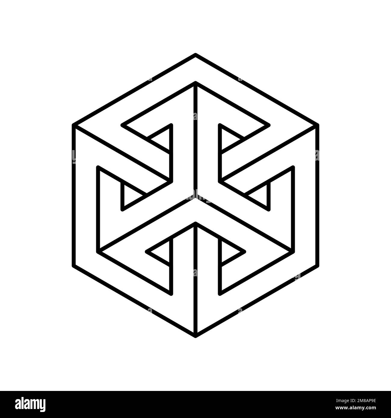 Unmögliche Rhombus-Figur. Geometrisches 3D-Objekt. Lineare penrose-Esher-Form. Rechteckiges Friedenszeichen. Quadratisches isometrisches Objekt. Visueller Trick. Vektor Stock Vektor