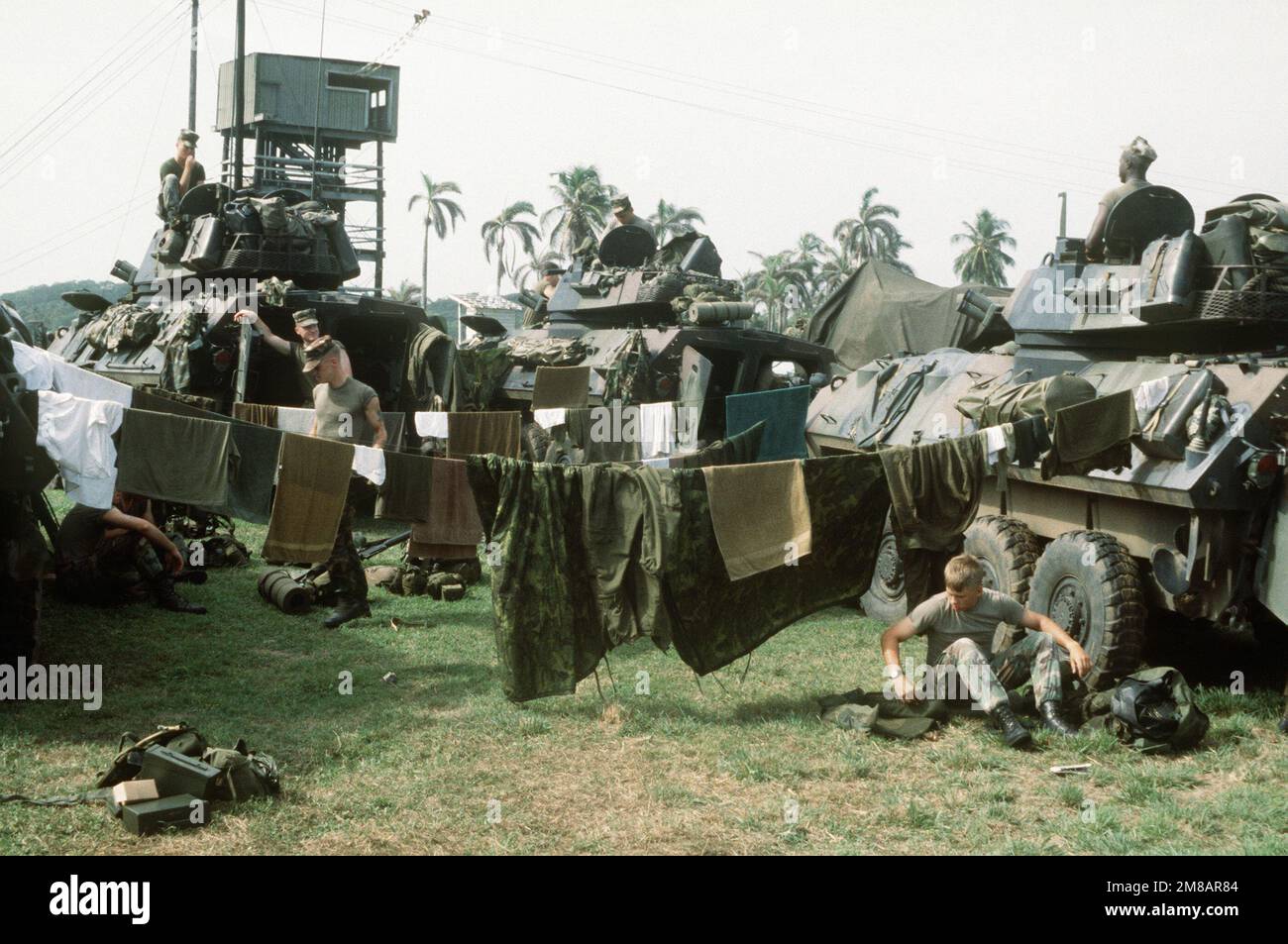 Marines entspannen sich, während ihre Kleidung und Ausrüstung auf Schlangen trocknen, die zwischen mehreren leichten gepanzerten Fahrzeugen (LAVS) im Wert von LAV25 m hängen. Land: Panama (PAN) Stockfoto