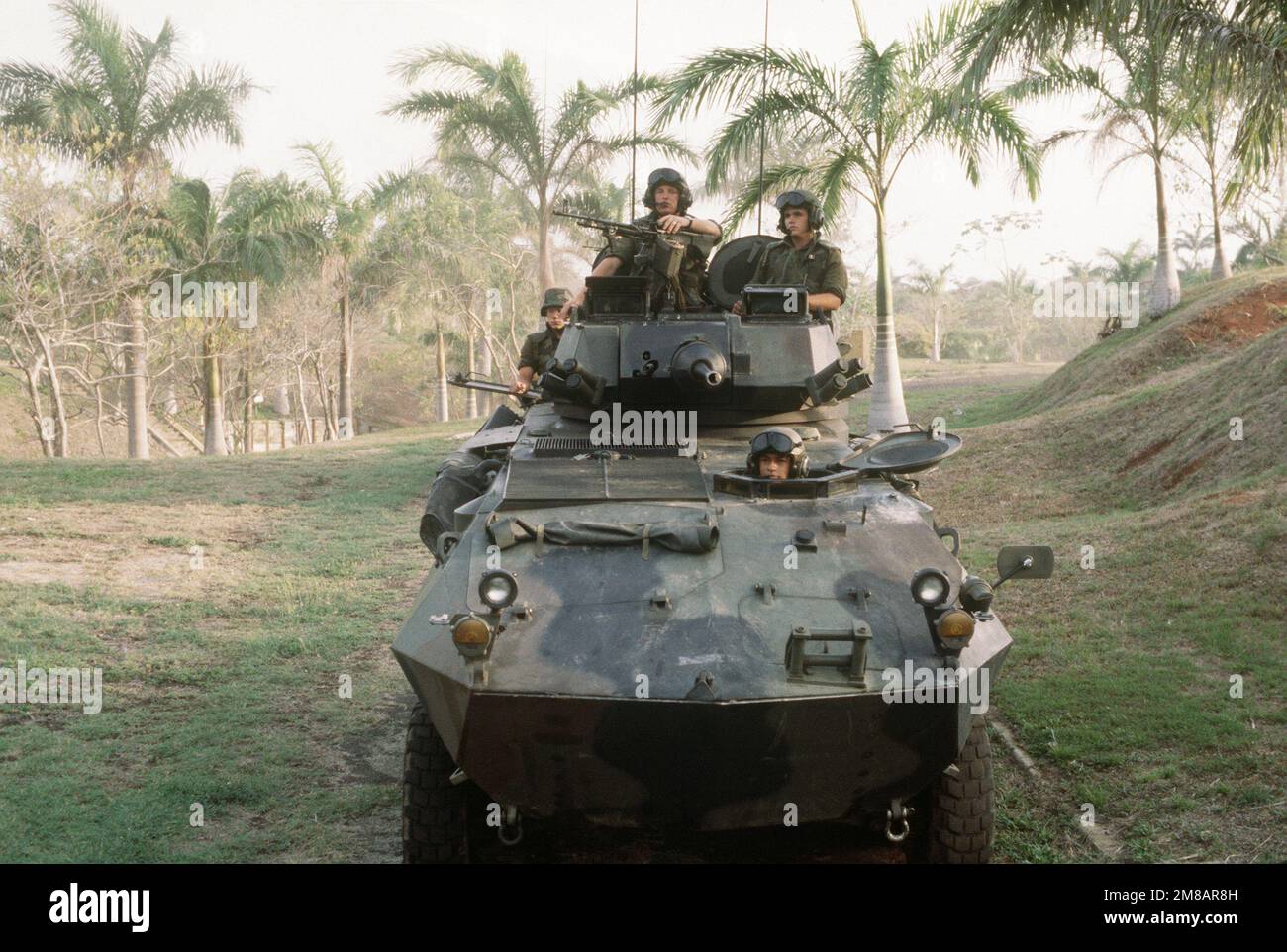 Marines in einem leichten gepanzerten Fahrzeug (LAVS) aus dem Jahr LAV25 nähern sich dem Bivouac-Gebiet, in dem der Rest ihrer Firma inszeniert wird. Land: Panama (PAN) Stockfoto