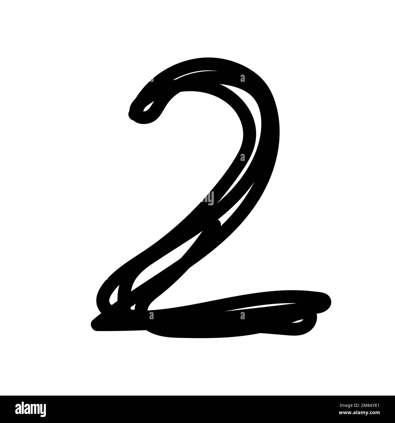 Doodle zwei. Schwarz lackiert mit einer Pinselnummer isoliert auf weißem Hintergrund. Handgezeichnet, verheddert, 2, geschrieben mit Tinte, Filzstift. Minimalistische Schrift Stock Vektor