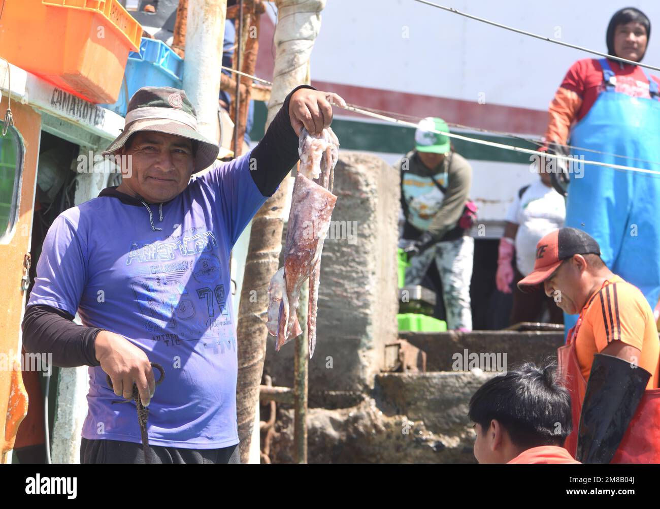 Fischer zeigen ihren Tintenfischfang auf ihrer Rückkehr von einer erfolgreichen Reise im nährstoffreichen Humboldt Current an der Pazifikküste Perus. Pisc Stockfoto