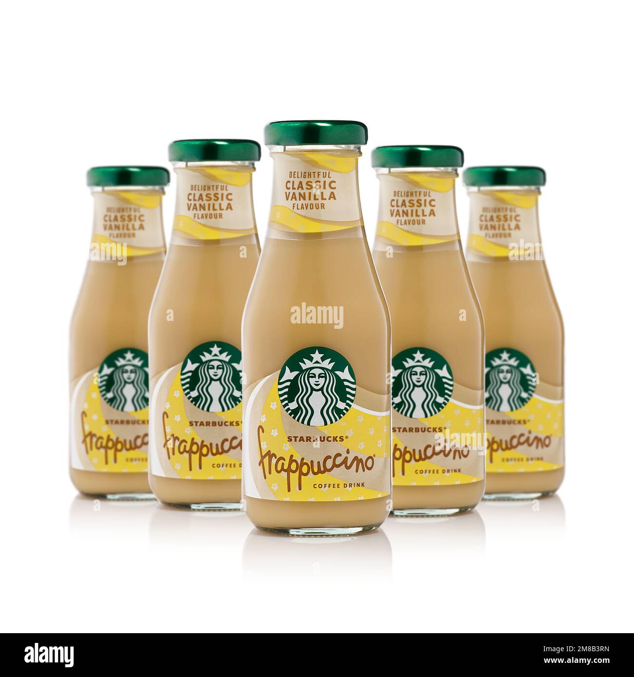 Tallinn, Estland - Januar 2023: Flasche Starbucks Frappuccino Vanille Coffee Drink. Stockfoto