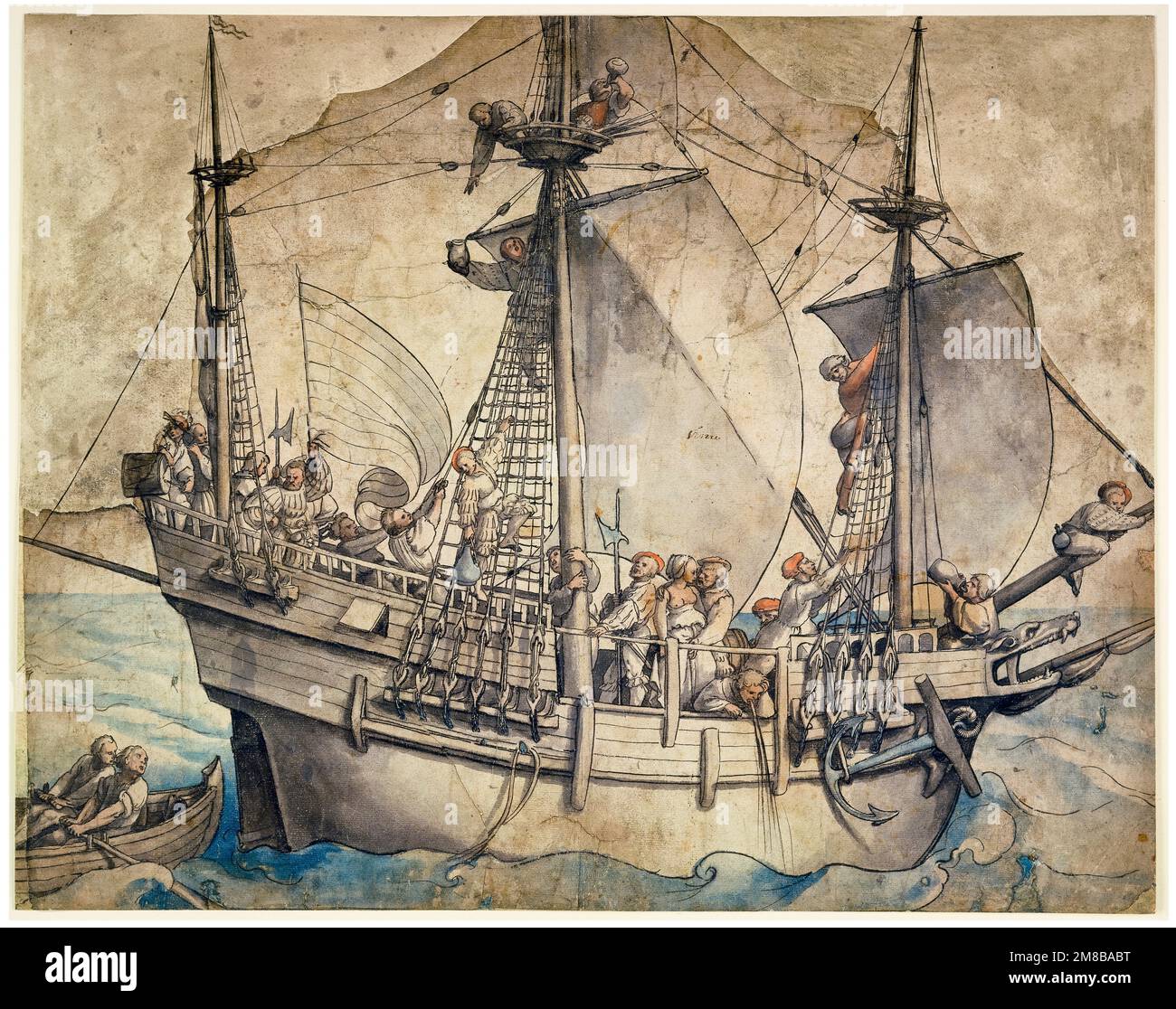Schiff mit schwindelerregenden Matrosen, Lansquenets und einem superfarbenen, Aquarellgemälde mit Stift und Tinte, 532-1533 Stockfoto