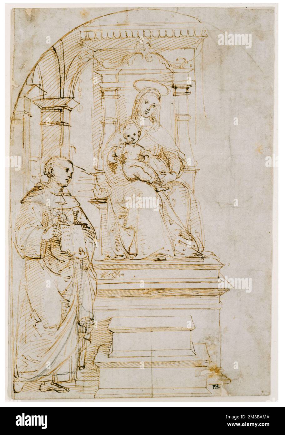 Raphael (Raffaello Sanzio da Urbino), Skizze für eine thronende Jungfrau und Kind mit dem Heiligen Nikolaus von Tolentino, Zeichnung in Stift und Tinte mit Bleistiftspitze, 1502-1504 Stockfoto