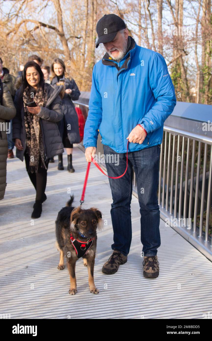 London, Großbritannien. 13. Januar 2023. Die Dukes Meadows Bridge eröffnet Chiswick einen verbesserten Zugang zum Themsenpfad. London, Großbritannien. Toast The Dog. Chiswick Councillor John Todds 4-jähriges Projekt wird mit Hounslows Bürgermeister Raghwinder Siddhu, der das Band durchschneidet, zum Abschluss gebracht. Die Stahlpfanne der Chiswick School und der Theaterkurs waren voller Energie. Toast the Dog war der erste Hund, der die Brücke unter der Barnes Bridge benutzte. Kredit: Peter Hogan/Alamy Live News Stockfoto