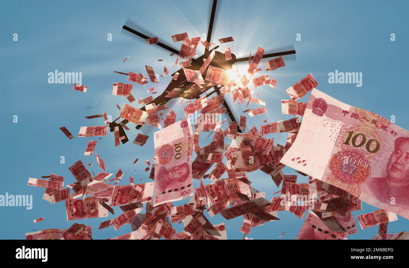 Chinesische Yuan-Renminbi-Banknoten Helikopter-Geldeinwurf. China 100 RMB-Notizen Abstract 3D Konzept von Inflation, Gelddruck, Finanzwesen, Ökonomie, CRI Stockfoto