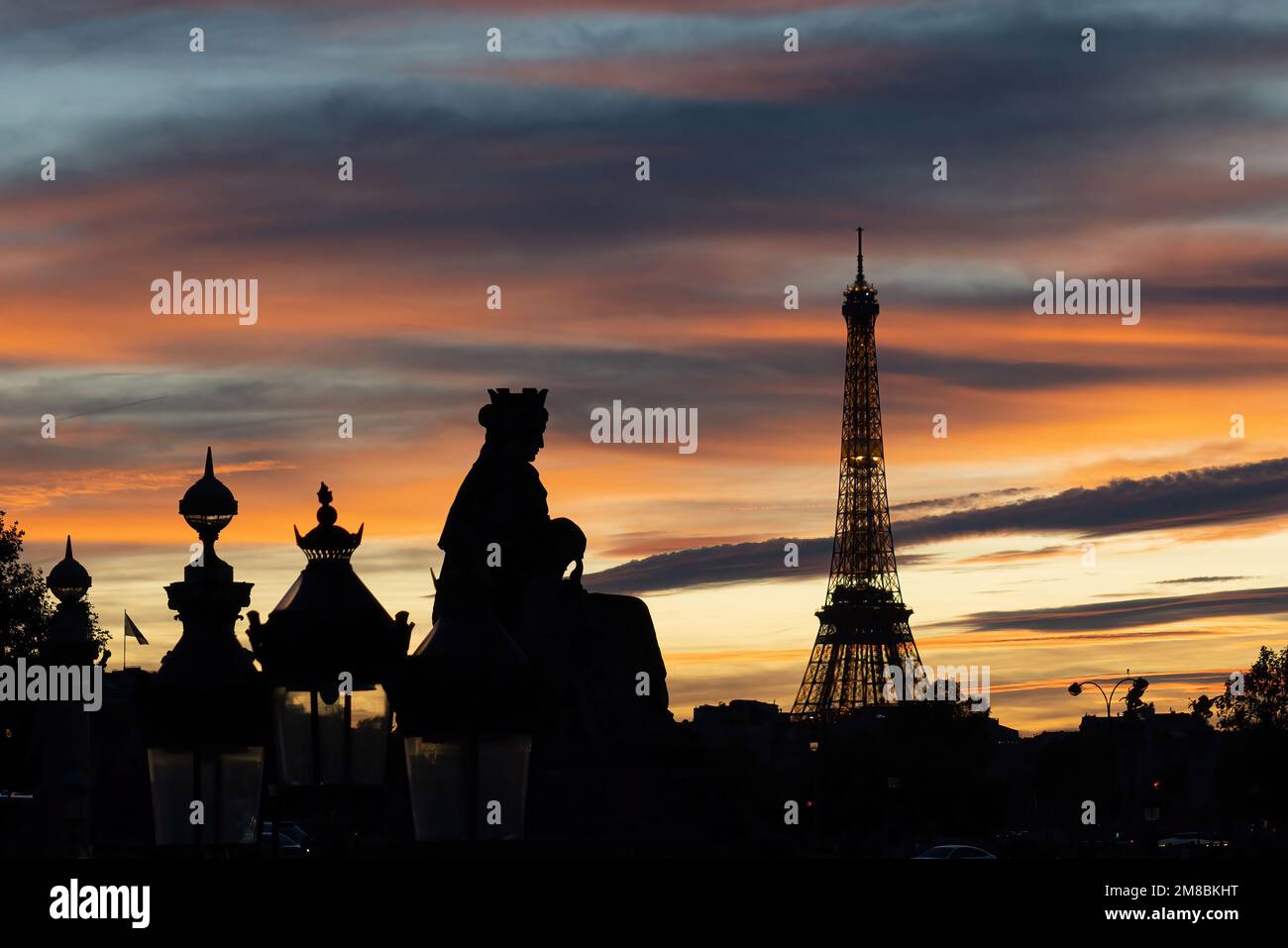 Paris in der Abenddämmerung mit dem Eiffelturm im Hintergrund. Frankreich. Vvbvanbree Fotografie. Stockfoto