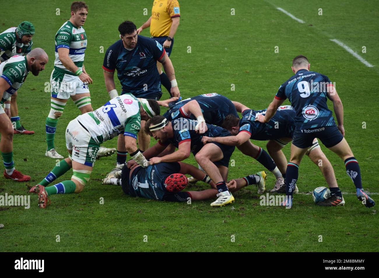 Szene während eines Rugbyspiels zwischen Benetton und Ulster Rugby im Januar 2023 in Treviso, Italien Stockfoto