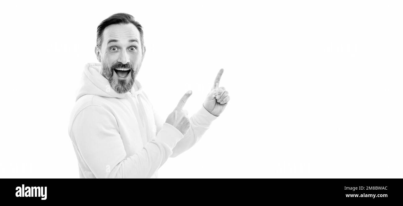 Werbung für Ihre Marke. Erwachsener Kerl Werbung. Copy space. Reifen überrascht Mann Zeigefinger. Mann Gesicht Porträt, Banner mit Kopieplatz. Stockfoto