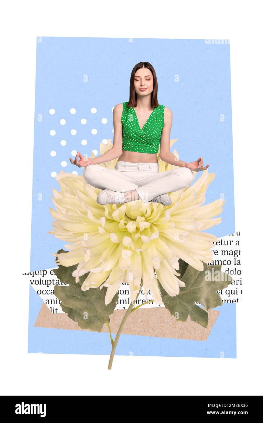 Vertikale Fotocollage einer jungen, entspannten Frau Menstruationsphasen Finger zusammen sitzen schön gerber meditiert isoliert auf dem Zeichnungshintergrund Stockfoto