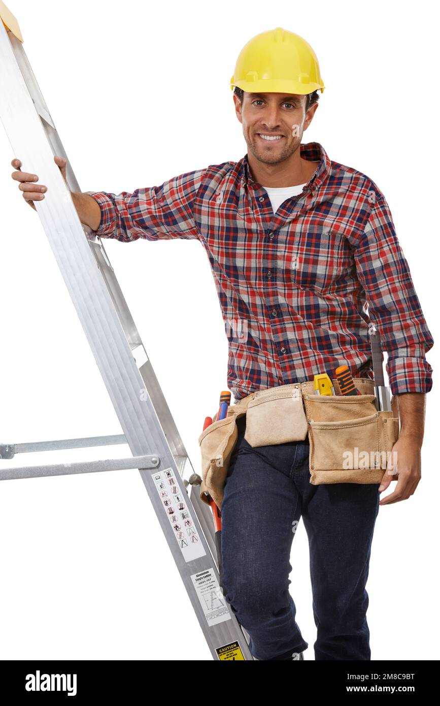 Bau, Bau und Porträt eines Handwerkers auf einer Leiter für Heimwerker. Service, zufriedene und sichere Bauarbeiter mit einer Wartung Stockfoto