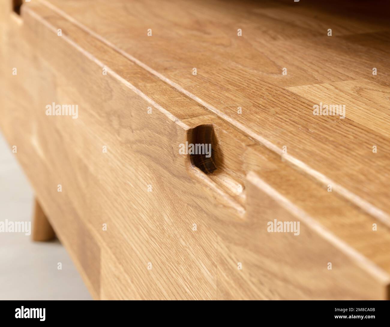 Schubladen Nahaufnahme Foto, Holzmöbelelemente Hintergrund. Möbeldetails Stockfoto