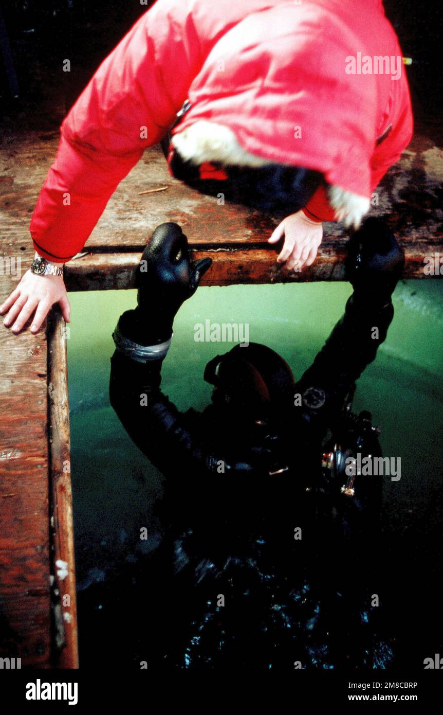Dr. Donald T. Manahan überprüft Last-Minute-Anweisungen mit Diver Isidro Bosch. Die Männer nehmen an einer Meeresbiologiestudie an der McMurdo Station Teil. Land: Antarktis (ATA) Stockfoto