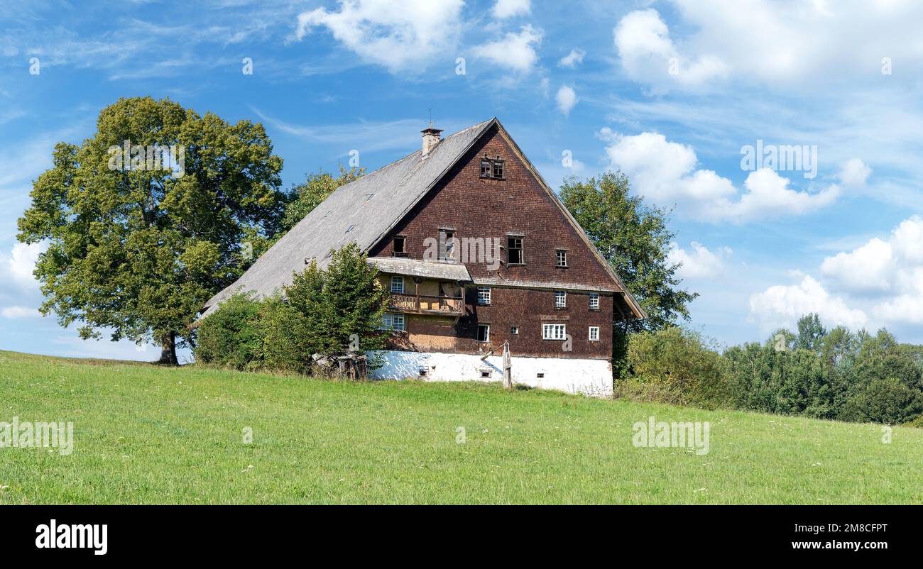 Altes verlassenes Schwarzwaldhaus in abgeschiedener Lage auf einer Wiese Stockfoto