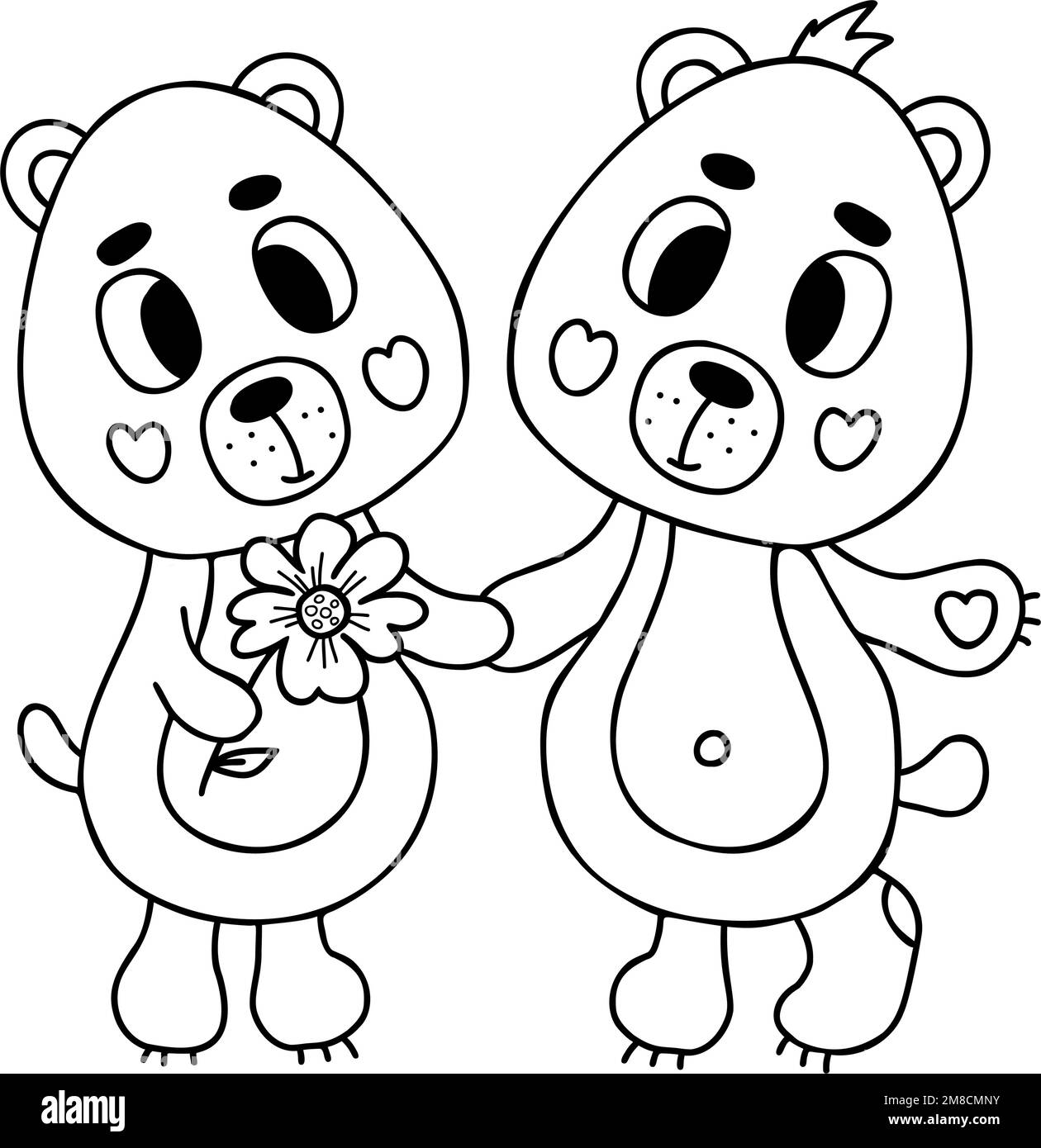 Süßes Paar in Liebesbären mit Blume. Vektorgrafik im Kritzelstil. Lustige niedliche Tierfiguren. Umrisszeichnung Stock Vektor