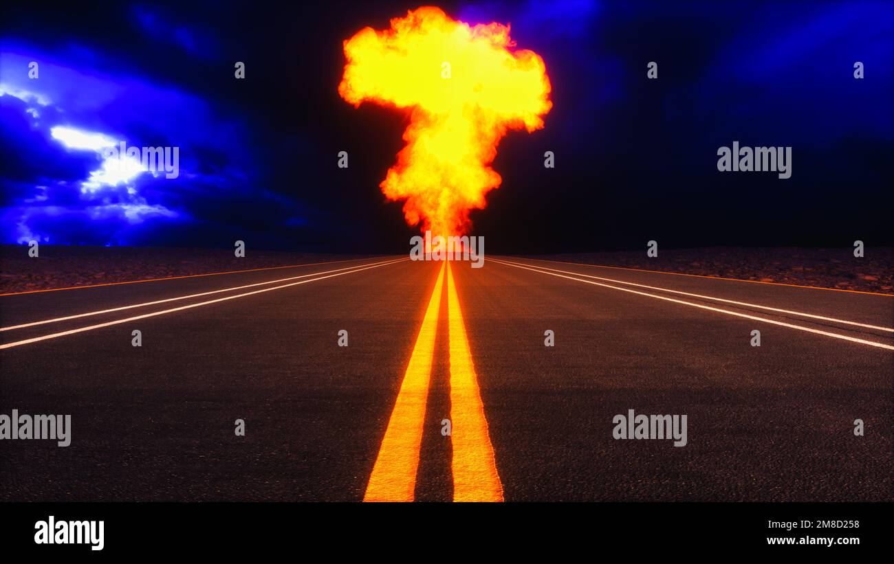 Eine Explosion auf der Autobahn (3D-Rendering) Stockfoto