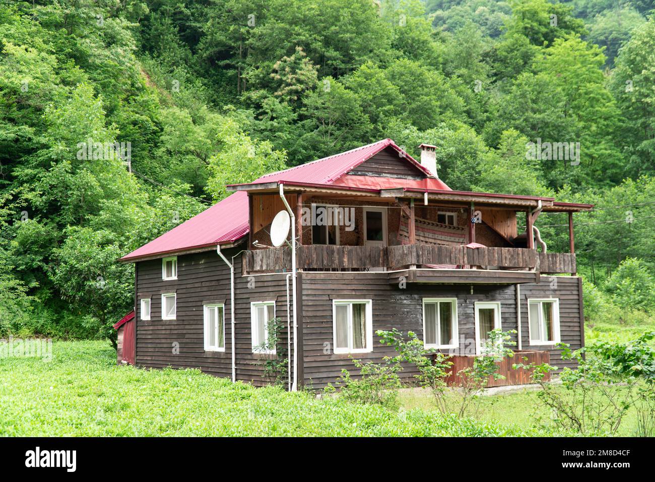 Altes Holzhaus im grünen Wald. Rustikales Holzhaus mit weißen Fenstern in herrlicher Frühlingslandschaft Stockfoto