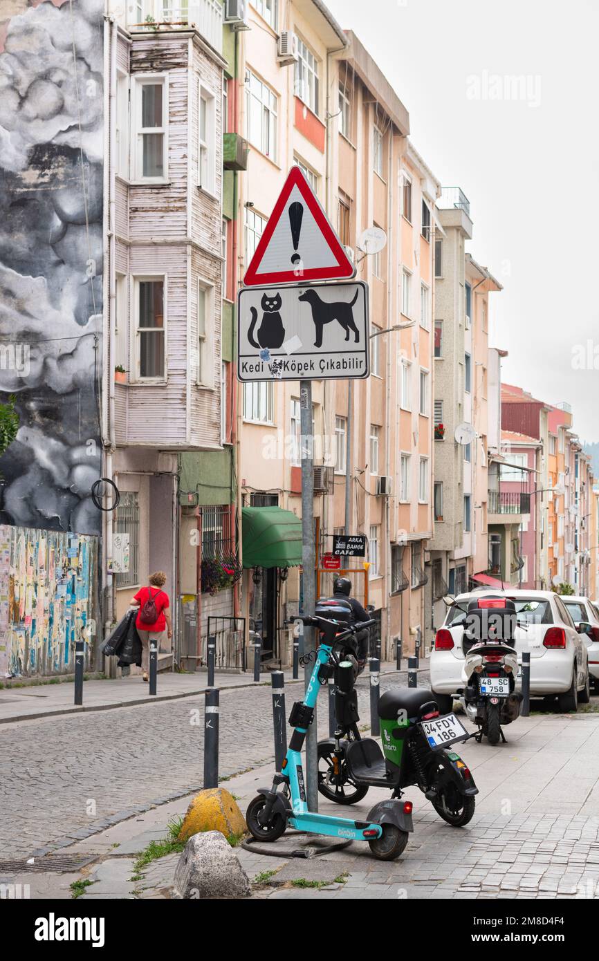 Verkehrszeichen für Katzen und Hunde, die auf der Straße herumlaufen - Istanbul, Türkei Stockfoto