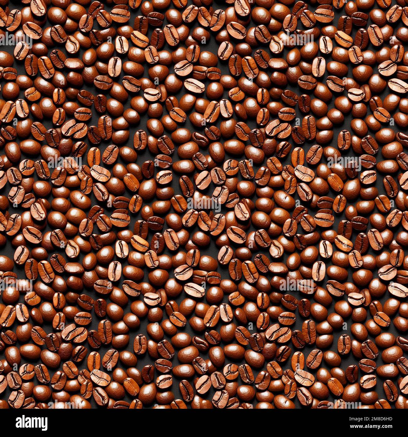 Hintergrund gerösteter Kaffeebohnen auf der Oberfläche des Tabletts. Nahtlose Textur Stockfoto
