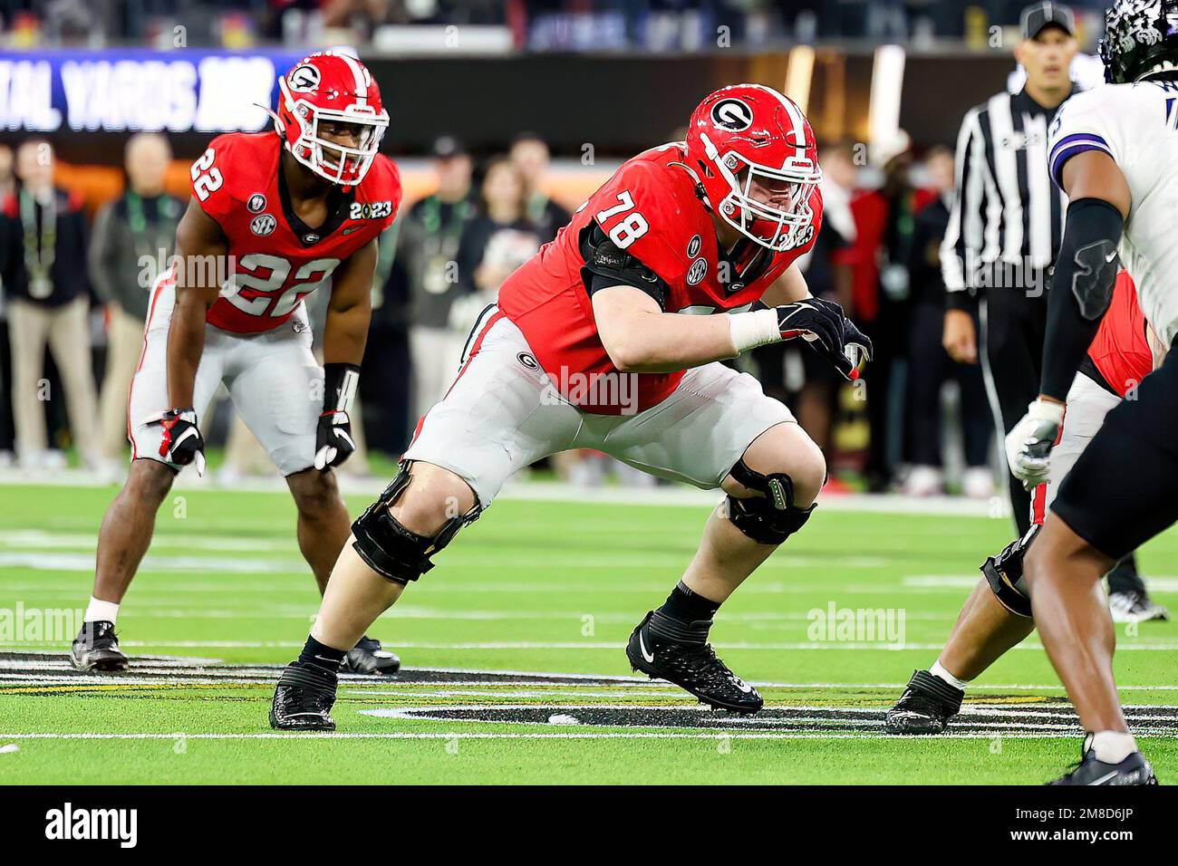 Inglewood, Kalifornien. 9. Januar 2023. Der Offensive Lineman Chad Lindberg (78) von Georgia Bulldogs versucht, während des College Football Playoff National Championship Spiels zwischen den TCU Horned Frogs und den Georgia Bulldogs am 9. Januar 2023 im SoFi Stadium in Inglewood, CA, zu blockieren. (Obligatorischer Kredit: Freddie Beckwith/MarinMedia.org/Cal Sport Media) (absoluter vollständiger Fotograf und erforderliche Credits).Fernsehen oder gewinnorientierte Zeitschriften Wenden Sie sich direkt an MarinMedia. Kredit: csm/Alamy Live News Stockfoto