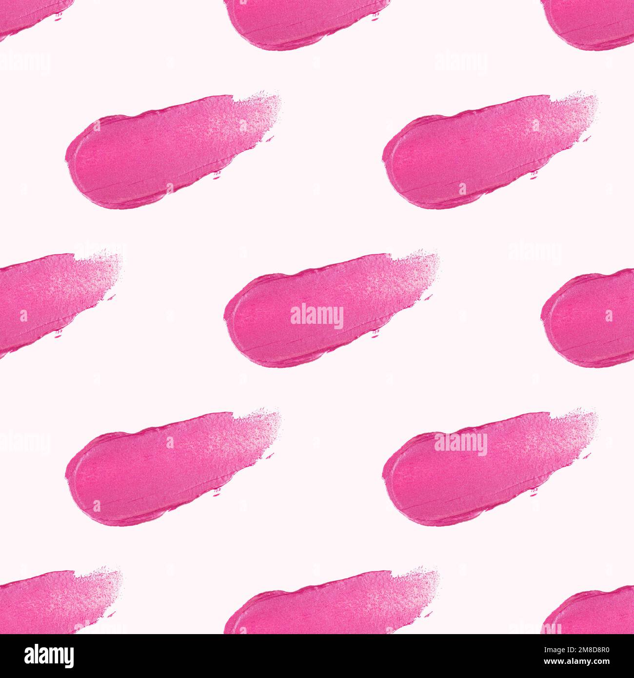 Das Farbmuster „Rosa Lippenstift“ oder „Lipgloss“ wiederholt das nahtlose Muster. Kosmetik verschmiert die Textur von Make-up-Verpackungspapier. Stockfoto