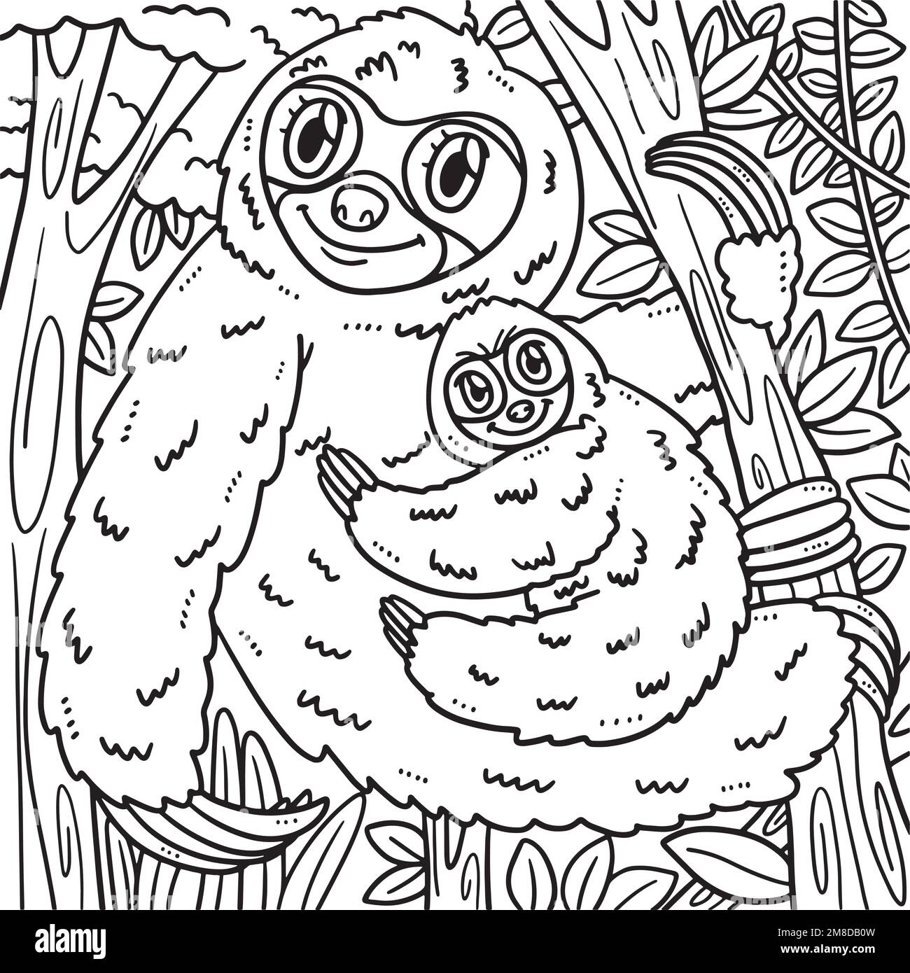 Malseite für Mutter Faultier und Baby Faultier für Kinder Stock Vektor