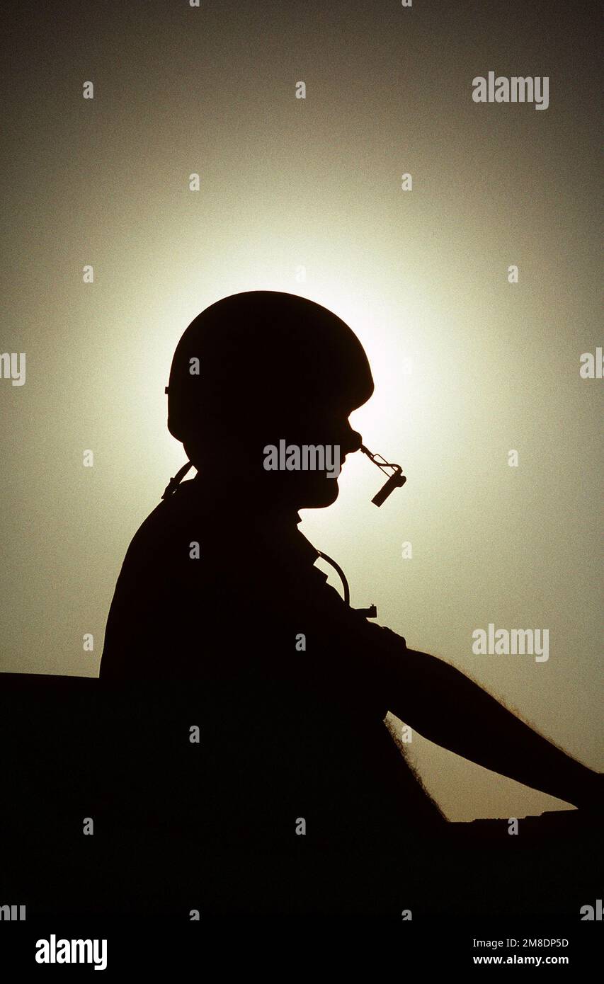 Ein Mitglied des 3. Bataillons, 9. Marines, ist am Himmel abgeschirmt und agiert während der Operation Desert Storm als Beobachter an Bord eines leichten gepanzerten LAV-25-Fahrzeugs. Betreff Operation/Serie: WÜSTENSCHILD Land: Saudi-Arabien (Sau) Stockfoto